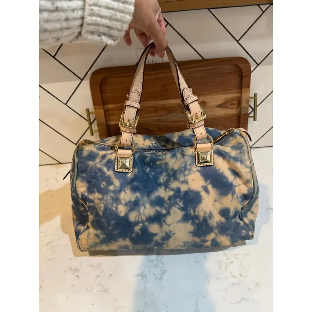 Michael Kors blue beige tie-dye Grayson satchel tan leather trim gold hardware